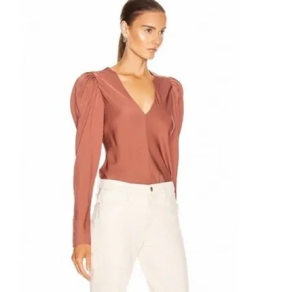 FRAME Shirred V-Neck Silk Blouse in Rosewood/sable color Size S - Picture 3 of 4